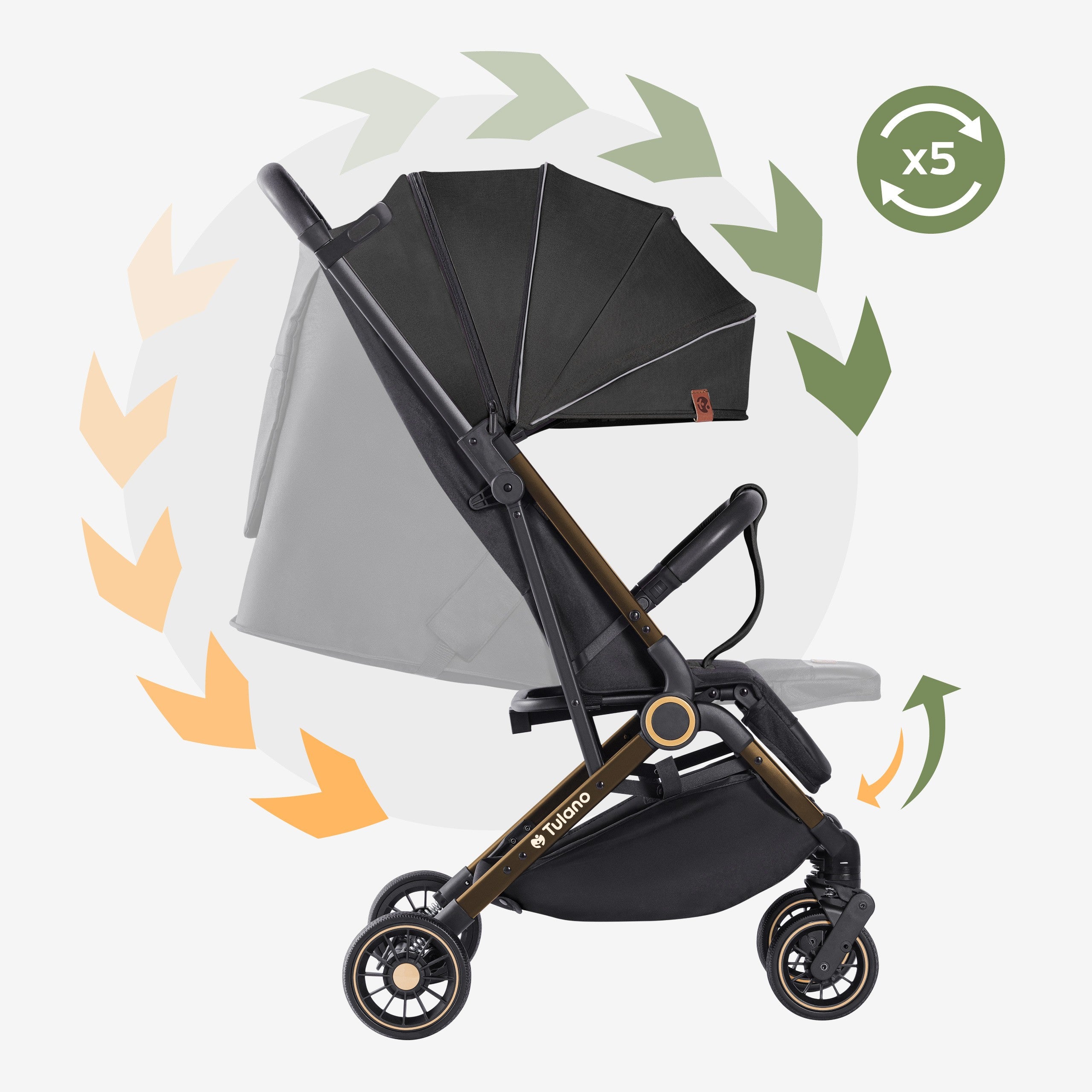 Cochecito infantil Tulano Milan, dorado y negro, plegable, hasta 22 kg