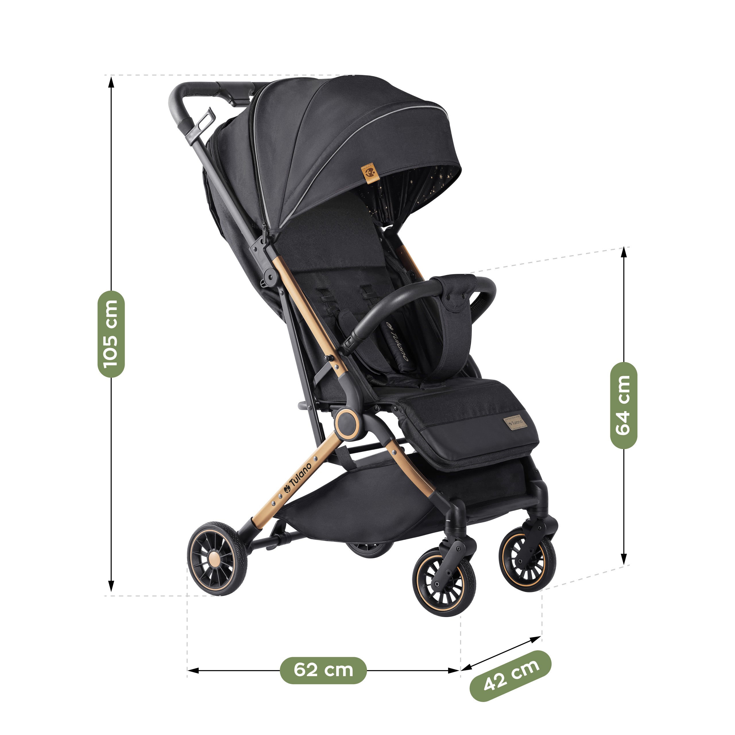 Cochecito infantil Tulano Milan, dorado y negro, plegable, hasta 22 kg