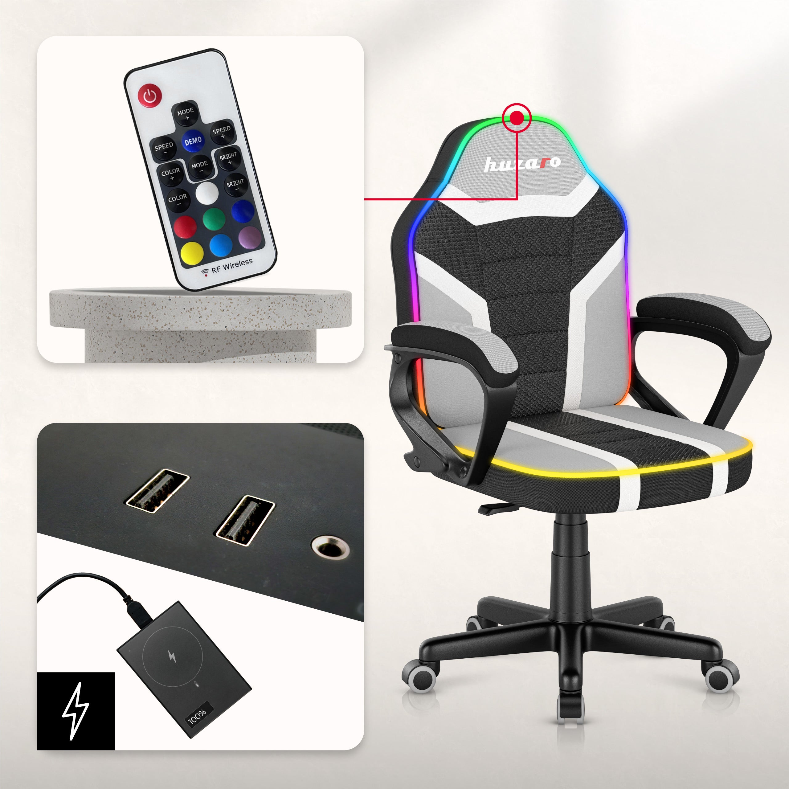 Opciones de personalización de colores y efectos de iluminación